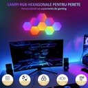 Set of 8 pcs hexagonal RGB LED modular wall lamps, App Control, remote control, multiple modes, music synchronization, microphone, timer, adjustable brightness