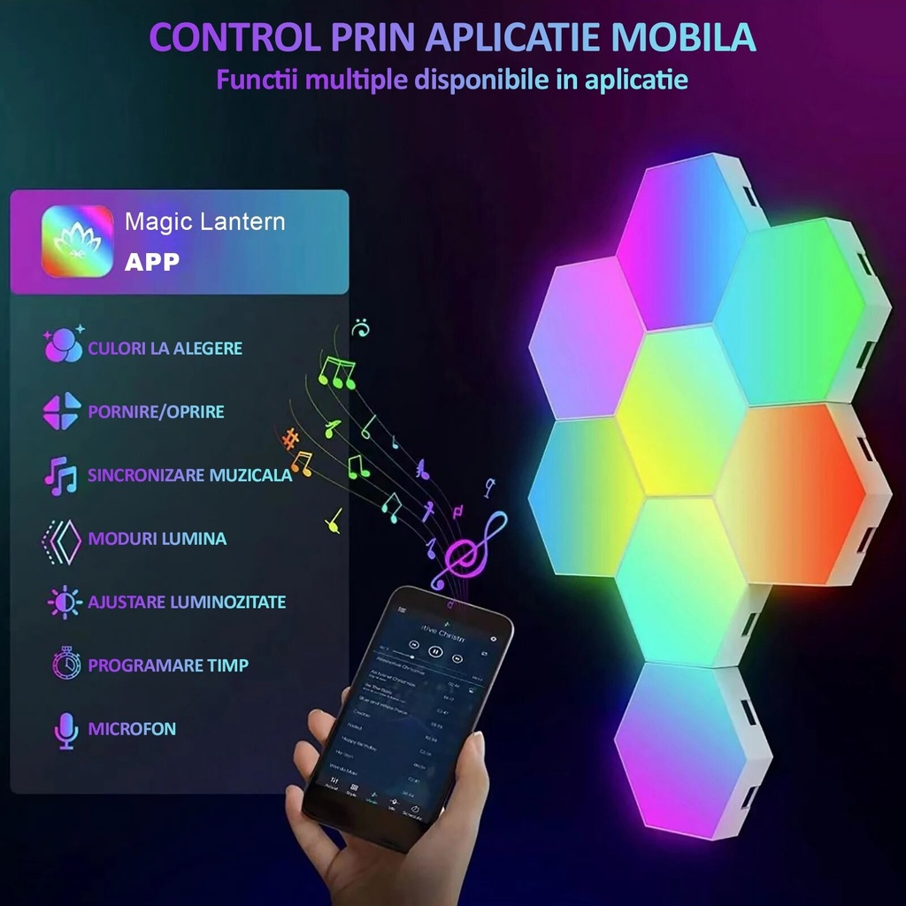 Set of 8 pcs hexagonal RGB LED modular wall lamps, App Control, remote control, multiple modes, music synchronization, microphone, timer, adjustable brightness