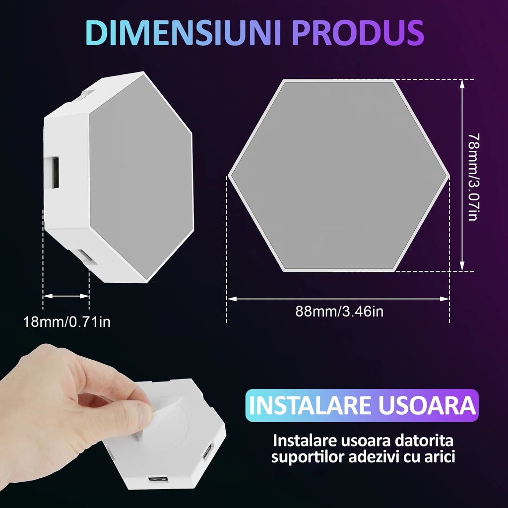 Set of 8 pcs hexagonal RGB LED modular wall lamps, App Control, remote control, multiple modes, music synchronization, microphone, timer, adjustable brightness