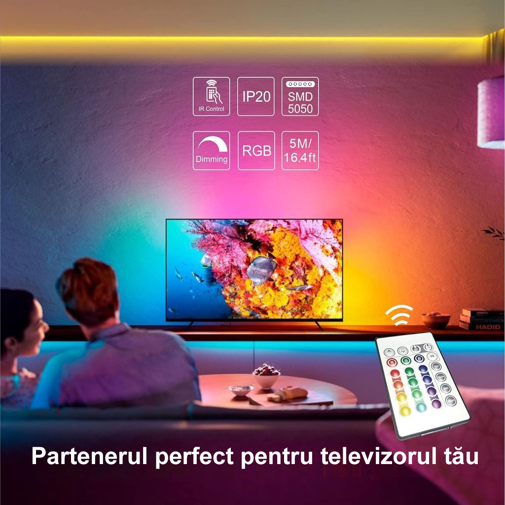 5M 5050 RGB LED Strip – 60 LED/m, Self-Adhesive, Bluetooth, App & Remote Control, Music Mode, Timer