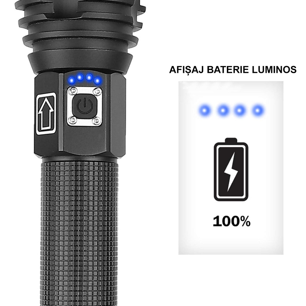 SK1905 LED tactical flashlight, made of aluminum, XHP90 Ultra-Bright source, professional, adjustable focus, battery included, water resistant, USB charging, 6000 lumens, 3 light modes, Black 