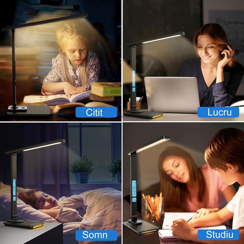 Business LED Desk Lamp – Eye Protection, Clock and Thermometer, 5 Color Temperatures (3000K-6000K), Foldable, No Flicker, Night Light, Wireless Phone Charging, Black