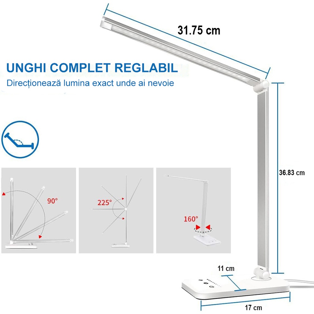 LED Desk Lamp, Eye Protection, 10 Intensity Levels, 5 Color Temperatures 3000k-5500k, Foldable, No Flicker, Aluminum, Wireless Phone Charging, Silver