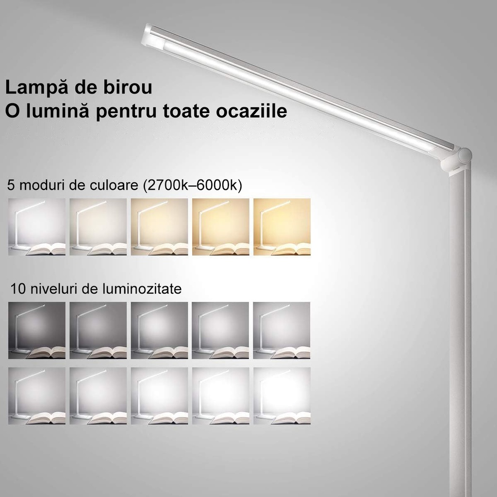 LED Desk Lamp, Eye Protection, 10 Intensity Levels, 5 Color Temperatures 3000k-5500k, Foldable, No Flicker, Aluminum, Wireless Phone Charging, Silver