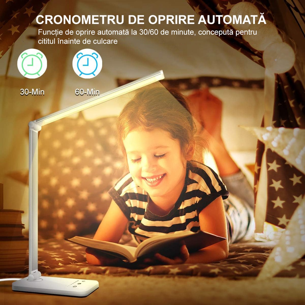 LED Desk Lamp, Eye Protection, 10 Intensity Levels, 5 Color Temperatures 3000k-5500k, Foldable, No Flicker, Aluminum, Wireless Phone Charging, Silver