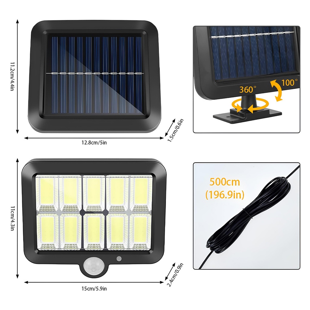 Solar LED Lamp with Remote Control – 120 COB LEDs, 10 Grids, Motion & Light Sensor, 1200mAh Battery, 260 lm, 5m Cable, Water Resistant, Black