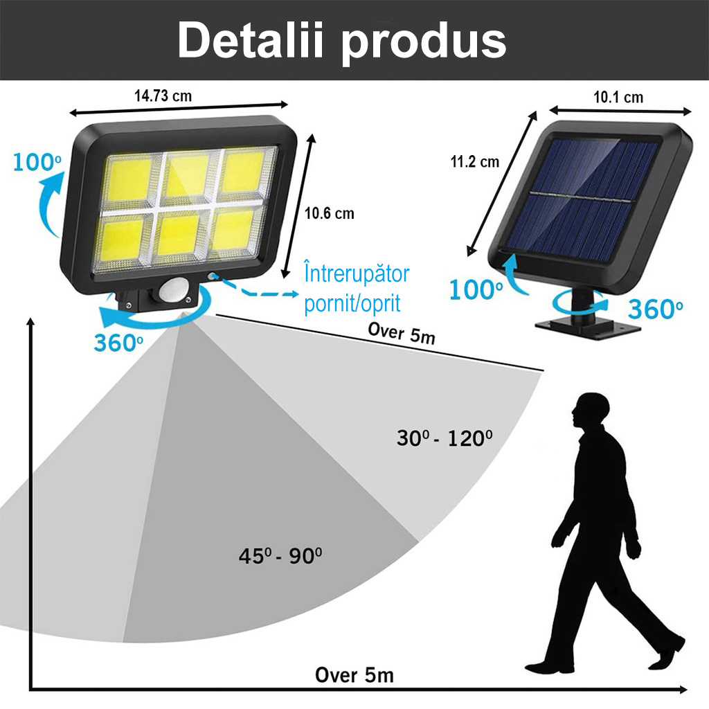 Solar LED Light with Remote Control – 120 COB LEDs, 6 Grids, Motion & Light Sensor, 1200mAh Battery, 260 lm, 5m Cable, Waterproof, Black