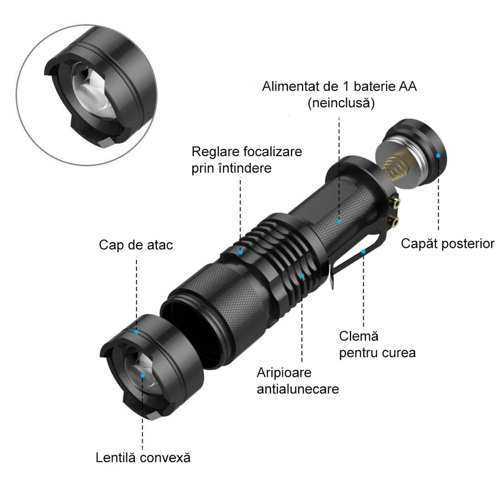 LED Flashlight SK68 – 5W, Adjustable Zoom, Illumination Range 200-500m, Compact & Portable, Black