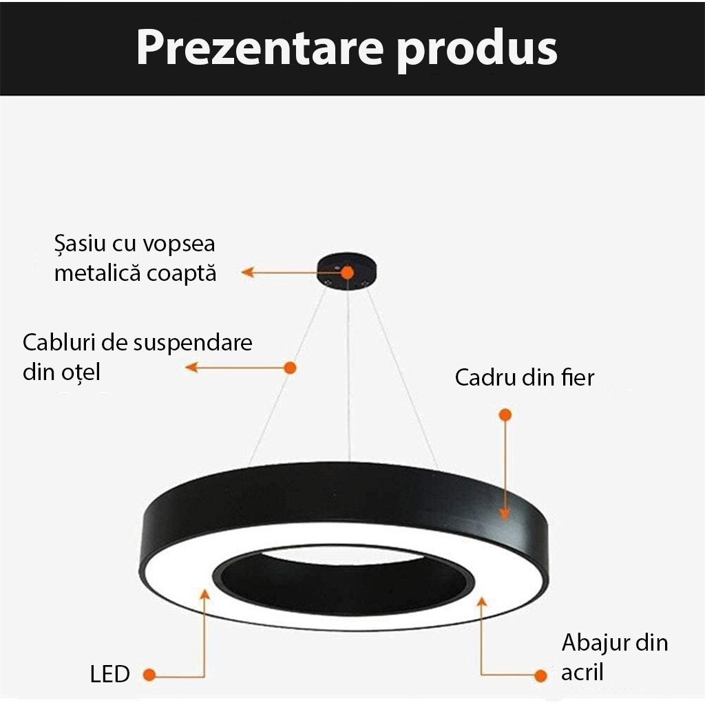 LED ceiling light 48W, round hollow, φ60 cm, 6500k, black