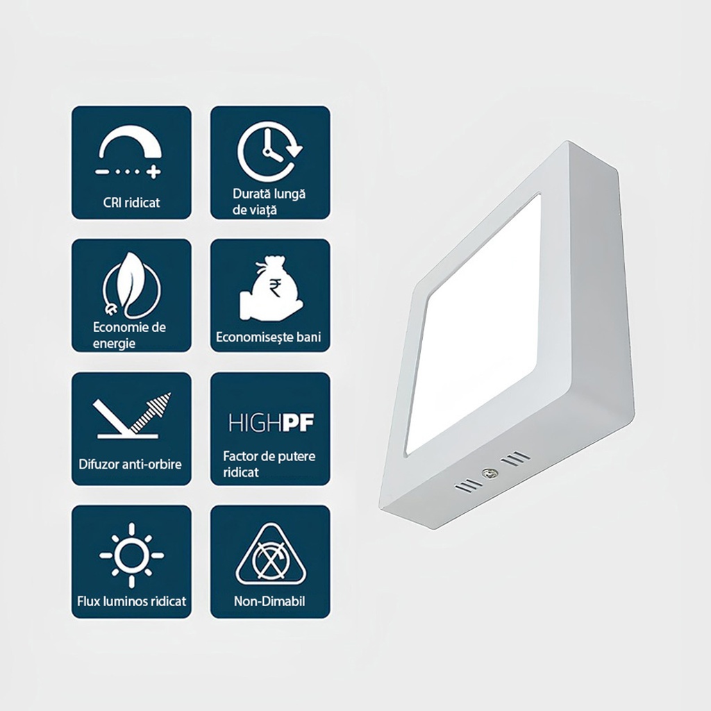 Square LED Ceiling light 24W, 21cm, 6500k, White, applied