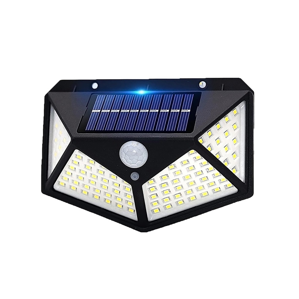 Solar-powered outdoor lamp, 100 LEDs with sensor, wall mounting, cable-free, 4-sided, cold light, 6500k
