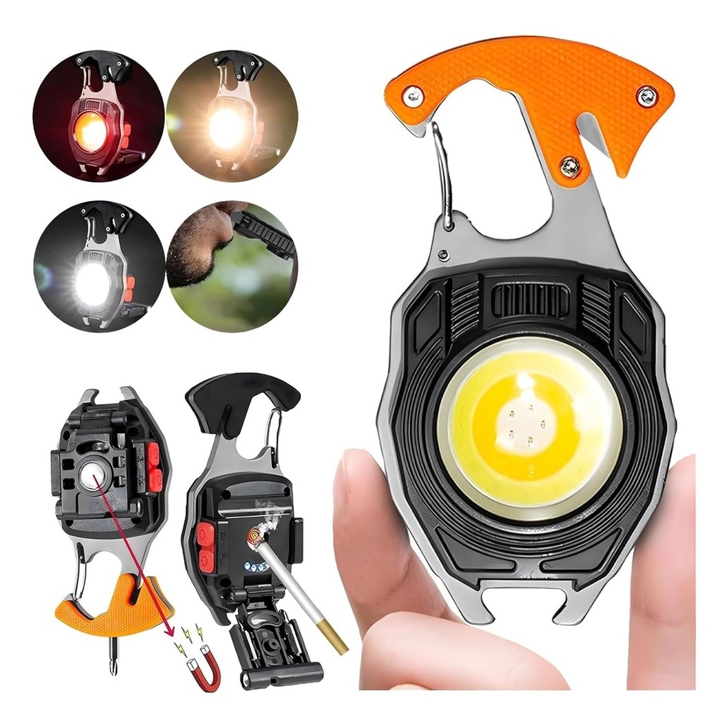 Multifunctional Keychain Flashlight, Model W5147 with Lighter, Whistle, Screwdriver and Bottle Opener, USB Charging, Black/Orange