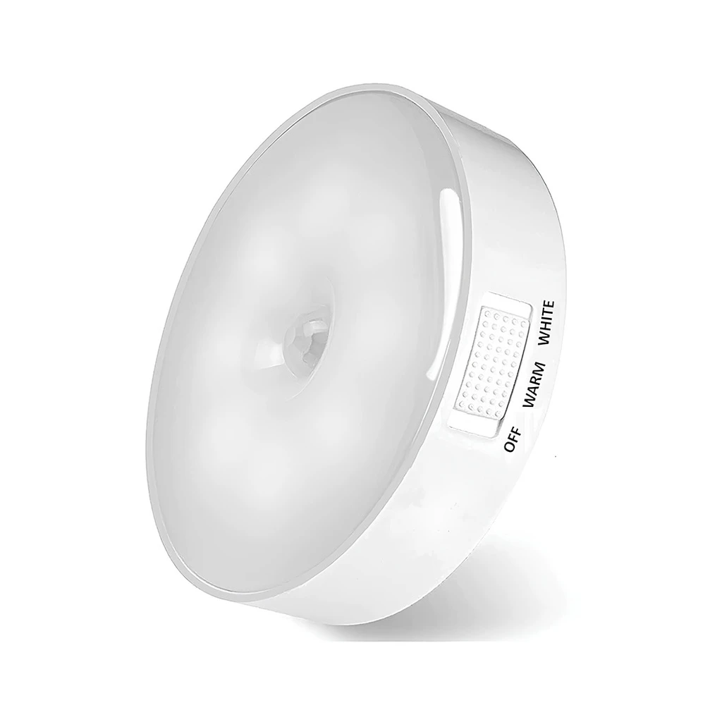 [LBZ-00232] Lampa de Veghe LED cu Senzor de Miscare – Reincarcabila USB, Alb Cald & Alb Rece, Comutator On/Off/Auto, 0.6W, 300mAh – Design Rotund, Alb (8.5 x 2.3 cm)
