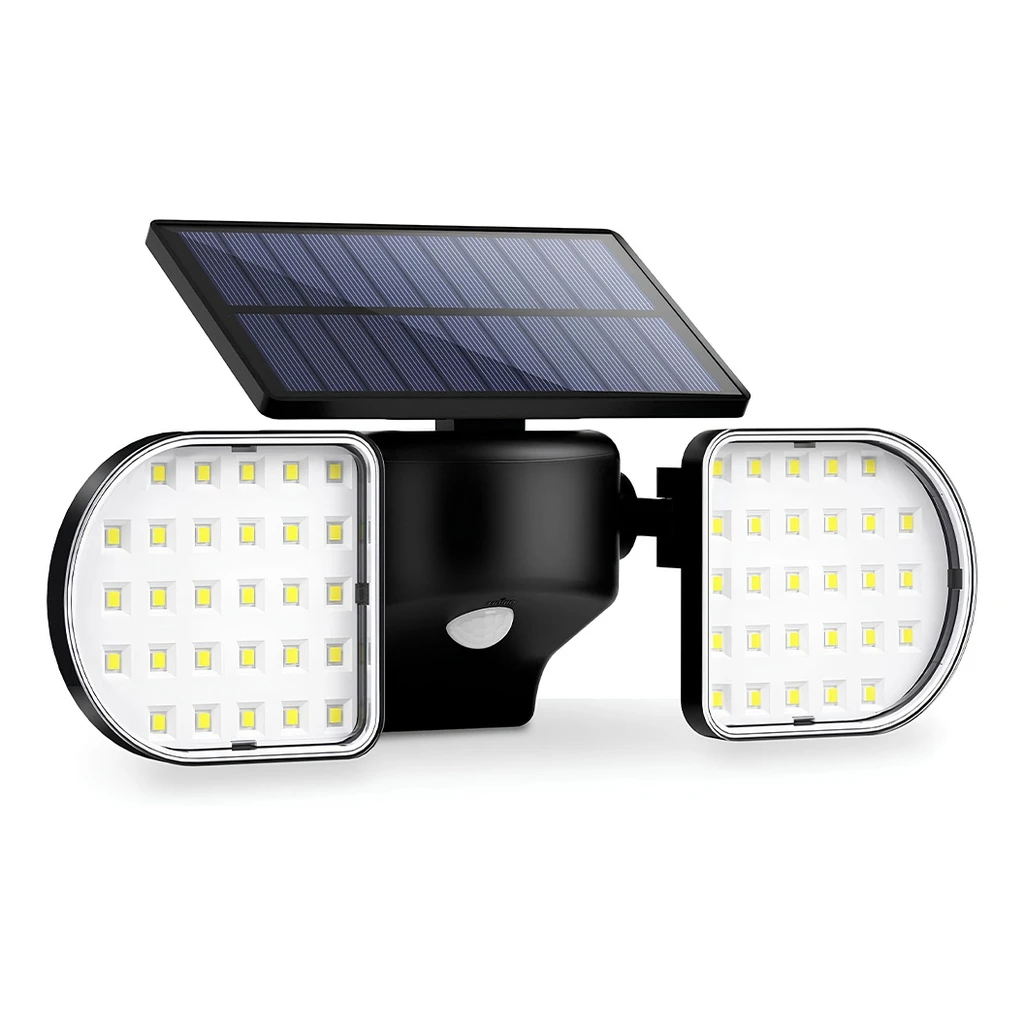[LBZ-00263] Lampa Solara LED Dubla cu Senzor – 56 LED-uri, Panouri Rotative 360°, Senzor de Miscare PIR, IP65, Lumina Rece, Negru