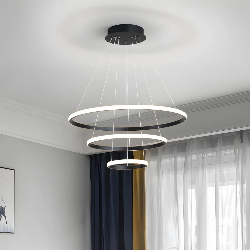 [LBZ-00254] Candelabru LED Circular 72W – 220V, Design Modern, 3 Cercuri (20/40/60 cm), Negru, Iluminare pentru Living, Dining, Hol, 3 Temperaturi de Culoare, CCT