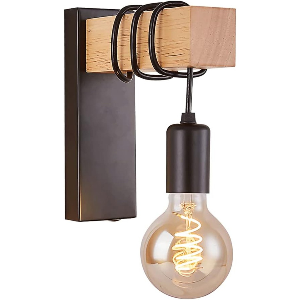 Vintage Retro Wooden Wall Lamp – E27 Holder, Industrial Design, Brightness Adjustment, Wall Mounted, Lighting for Bedroom, Living Room, Cafe