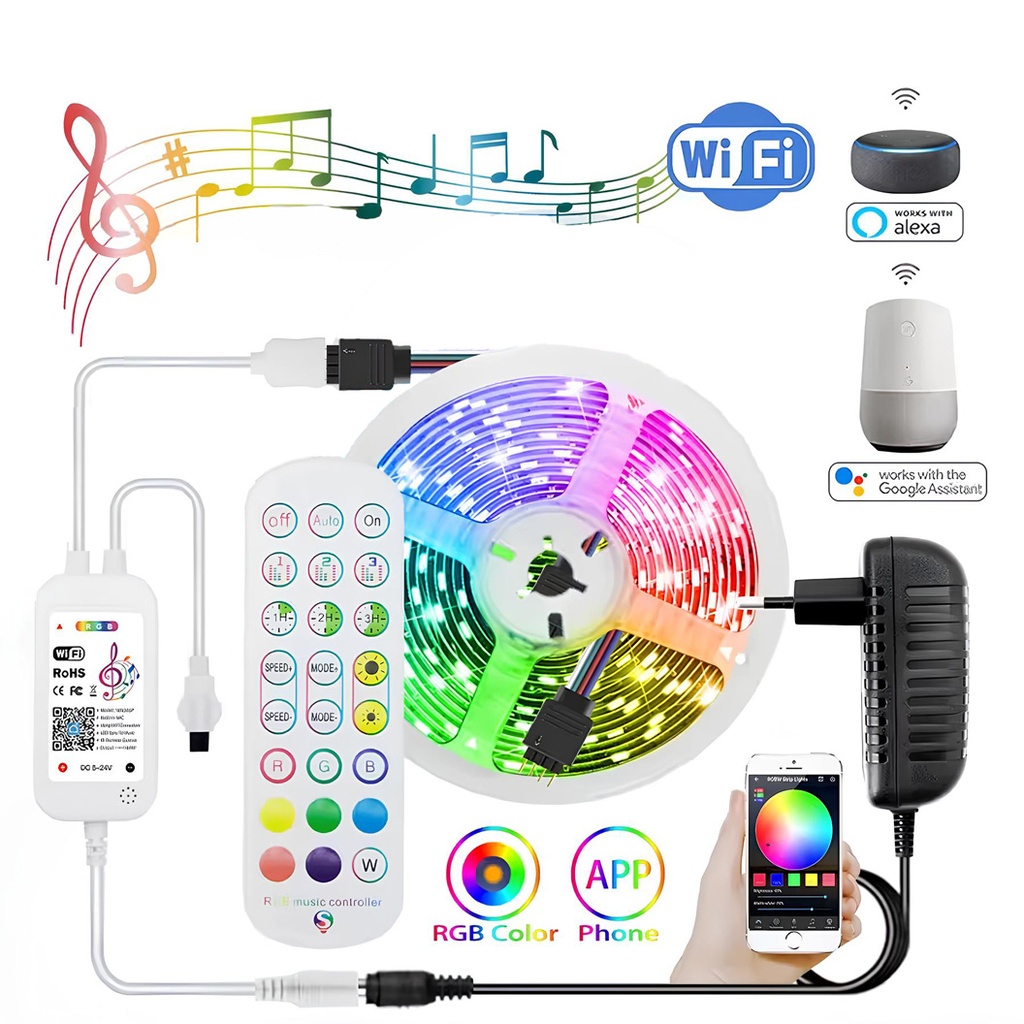 Smart RGB LED Strip Kit 5 meters, App Control, Remote control, Bluetooth, Multicolor Light, Music Sync, Voice control