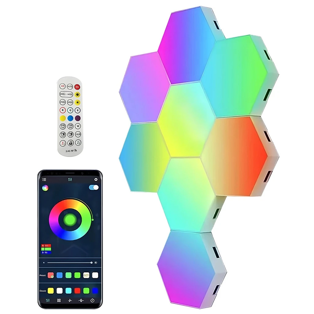 [LBZ-00278] Set 8 Lampi LED RGB Hexagonale Modulare de Perete - Control prin Aplicatie & Telecomanda, Sincronizare Muzicala, Timer, Luminozitate Reglabila