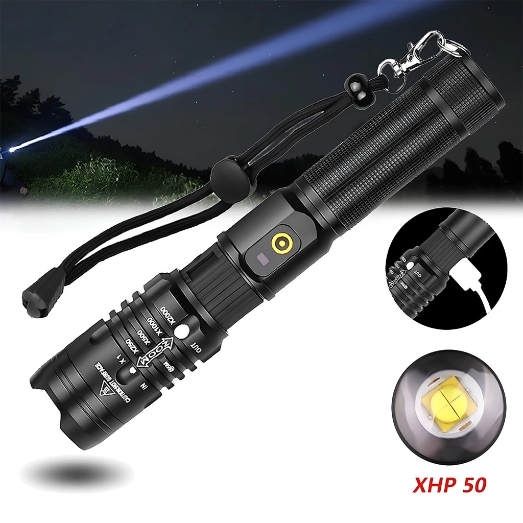 [LBZ-00286] Lanterna LED Profesionala XHP50 – 2500 Lumeni, Focus Ajustabil, Reincarcabila USB, Acumulator Inclus, Aliaj de Aluminiu, Rezistenta la Apa, Neagra
