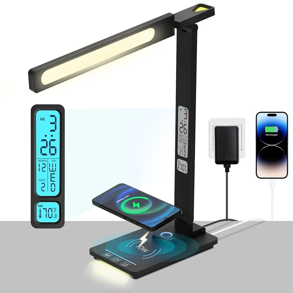 [LBZ-00290] Lampa de Birou LED – Protectie Ochi, Ceas, Termometru, Incarcator Wireless integrat, 5 Temperaturi de Culoare (3000K-6000K), 