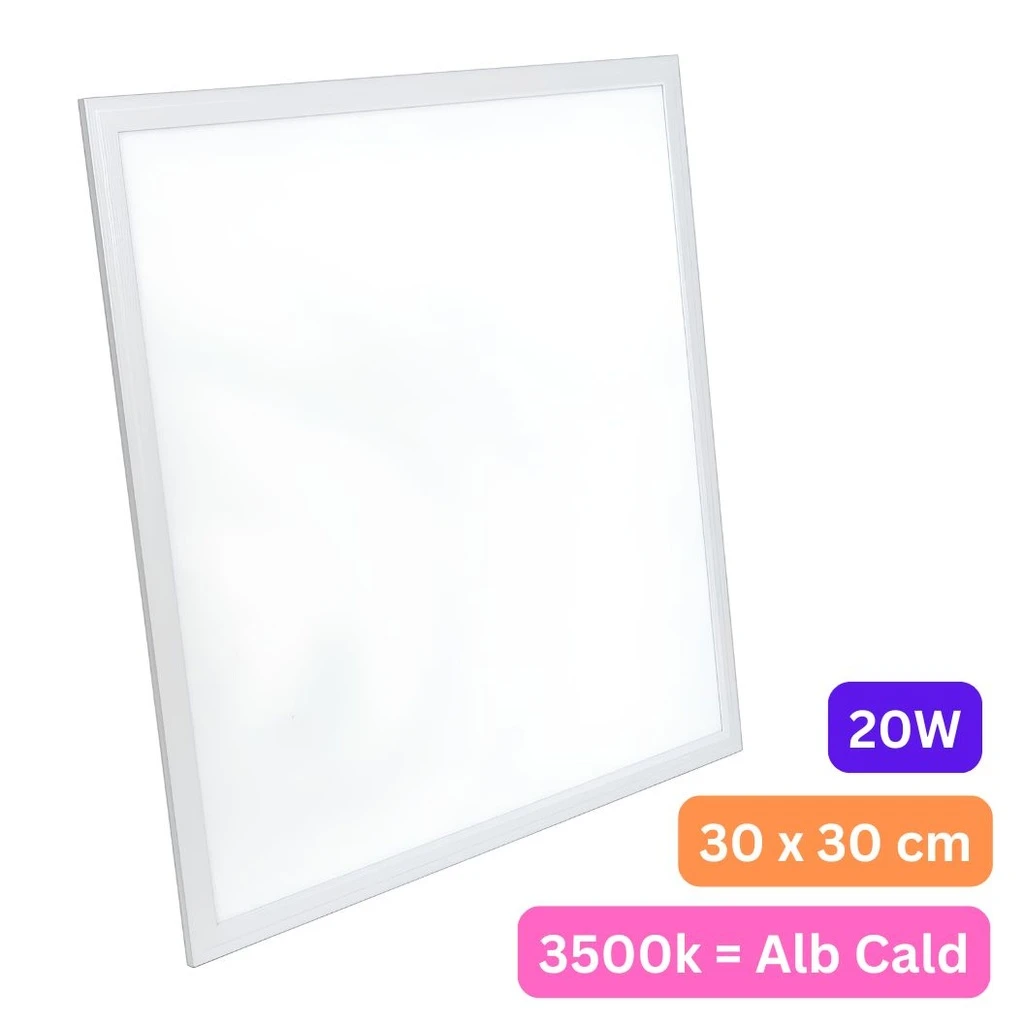 [LBZ-00001] Panou LED 30x30 cm, 20W, Lumina Calda 3500K, Model Eco, Rama Argintie, Ideal pentru Tavan Fals, Incastrat