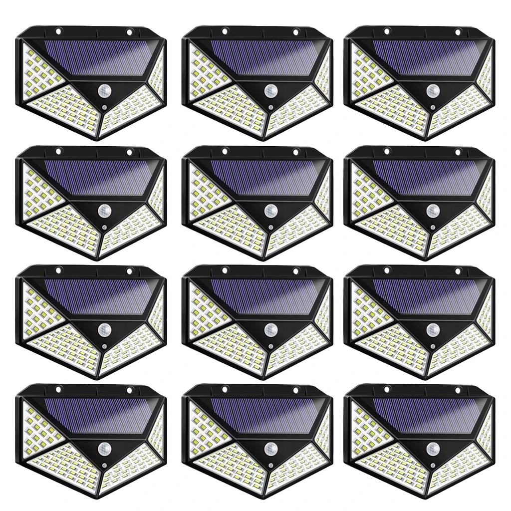 [COMBO-00195] Set 12 Lampi Solare LED de Exterior, 100 LED-uri SMD cu Senzor de Miscare, Montaj pe Perete, Fara Cablu, Lumina Alba Rece 6500K