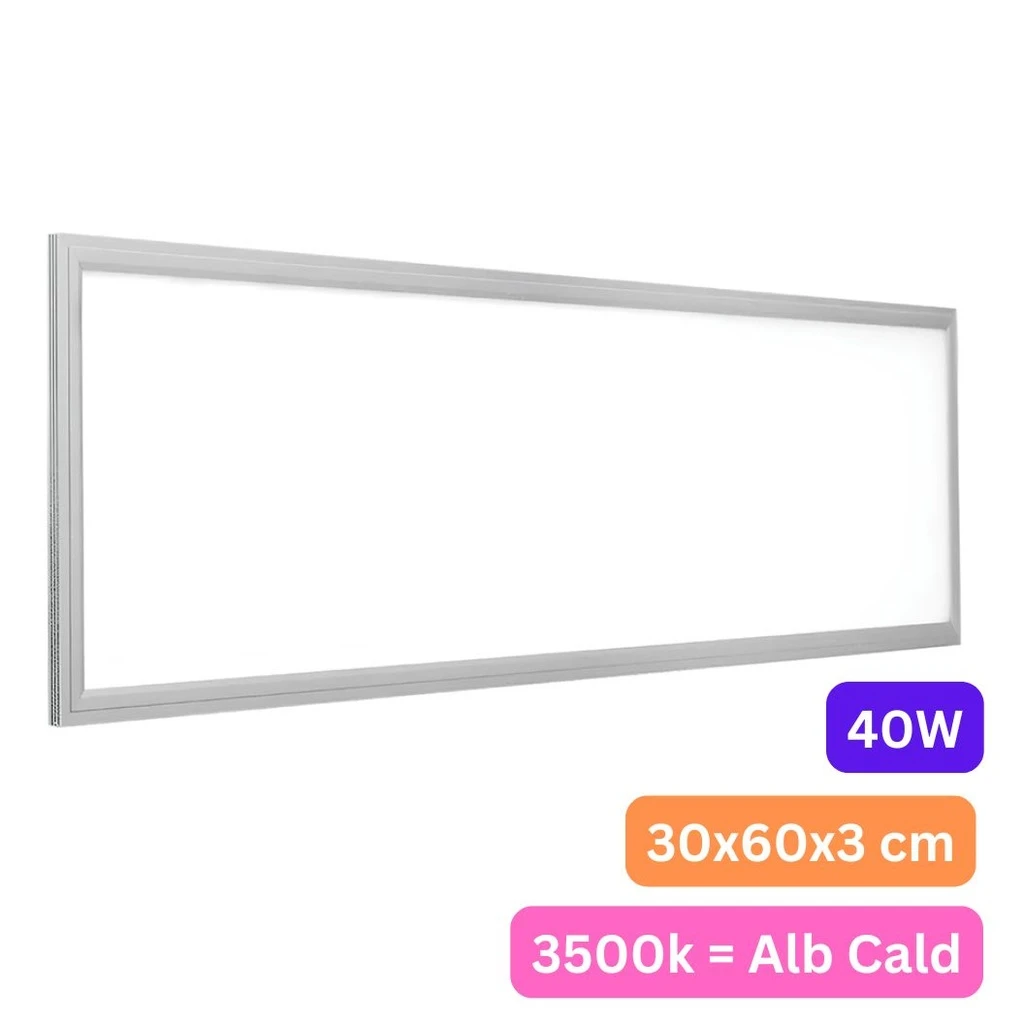 [LBZ-00024] Panou LED 30x60 cm, 40W, Lumina Calda 3500K, Model Eco, Rama Argintie, Ideal pentru Tavan Fals, Incastrat