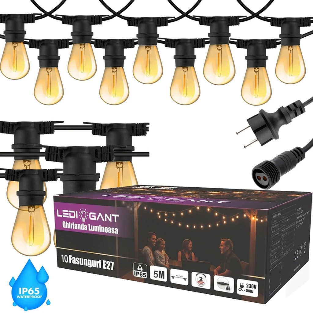 [COMBO-00182-187] Ghirlanda luminoasa LED 10m, 20 becuri incluse (E27), interconectabila, IP65, pentru terasa, gradina si evenimente